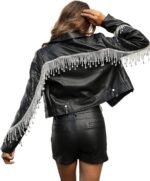 Women's Faux Leather Fringe Jacket Rhinestone Studded Cropped Jacket