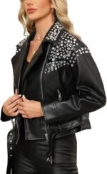 Women’s Black Faux Leather Studded Moto Biker Jacket - Image 4