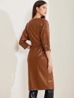 Faux Leather Trench Coat for Women's 3/4 Sleeve Button Down V Neck - Image 2