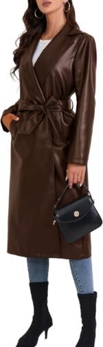 Women’s Brown Faux Leather Long Trench Coat Stylish Open Front Overcoat - Image 2