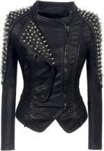 Women’s Black Faux Leather Studded Spike Moto Biker Jacket