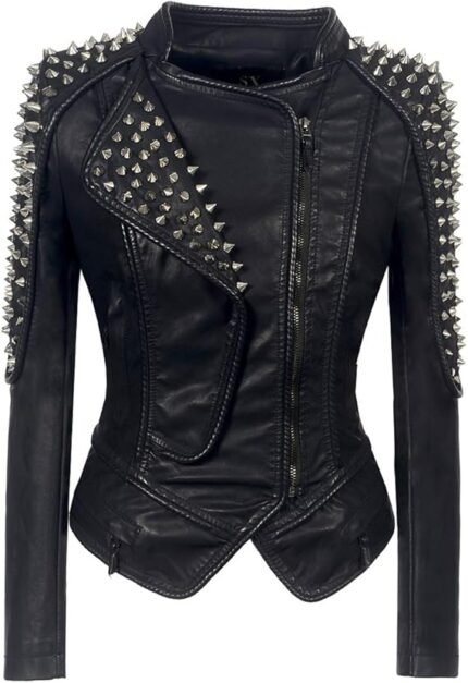Women’s Black Faux Leather Studded Spike Moto Biker Jacket