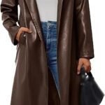 Women’s Brown Faux Leather Long Trench Coat Stylish Open Front Overcoat