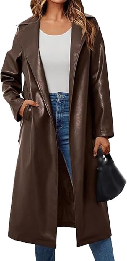 Women’s Brown Faux Leather Long Trench Coat Stylish Open Front Overcoat