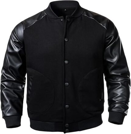 Men’s Varsity Baseball Jacket Cotton Blend Letterman Jacket with Faux Leather