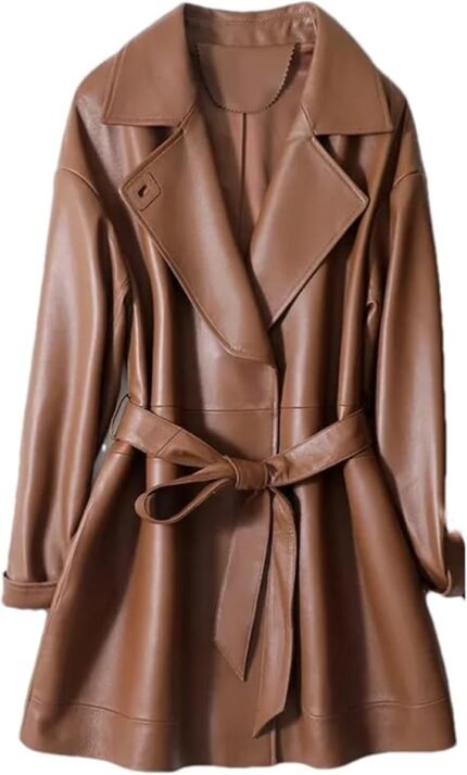 Women Genuine Leather Jackets Spring Autumn Mid Length Belt Slim Sheepskin Leather Trench Coat