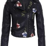 Women's Black Faux Leather Biker Jacket with Floral Embroidery and Studded Detailing
