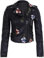 Women's Black Faux Leather Biker Jacket with Floral Embroidery and Studded Detailing