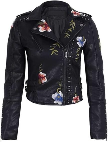 Women's Black Faux Leather Biker Jacket with Floral Embroidery and Studded Detailing
