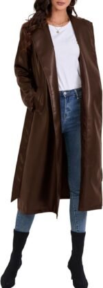 Women’s Brown Faux Leather Long Trench Coat Stylish Open Front Overcoat - Image 5