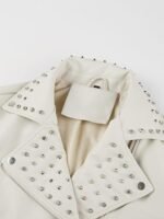Women’s White Faux Leather Studded Biker Jacket with Belted Waist - Image 5