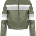 Womens Cropped Moto Biker Jackets Faux Leather Bomber Jacket Color Block