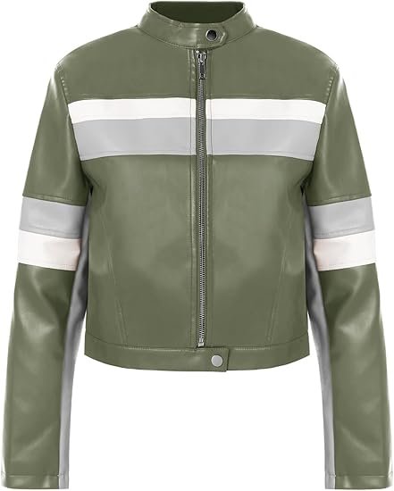 Womens Cropped Moto Biker Jackets Faux Leather Bomber Jacket Color Block