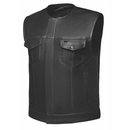 Short Collarless Leather Motorcycle Vest