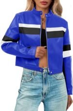  Womens Cropped Moto Biker Jackets Faux Leather Bomber Jacket Color Block - Image 3