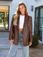 Effortless Elegance Brown Faux Leather Blazer for Women - Image 3