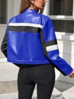 Womens Cropped Moto Biker Jackets Faux Leather Bomber Jacket Color Block