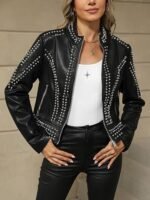 Women's Faux Leather Jacket Studded Rivet Casual Short Moto Biker Stand Collar Coat - Image 2