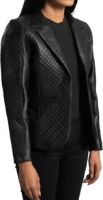  Women’s Black Quilted Leather Blazer Jacket - Image 2