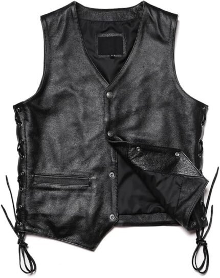 Men's Classical Motorcycle Leather Vest Genuine V Neck Tassels Sleeveless