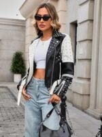 Women’s Black White Faux Leather Studded Graffiti Moto Biker Jacket - Image 2