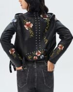Women's Black Faux Leather Biker Jacket with Floral Embroidery and Studded Detailing