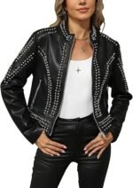 Women's Faux Leather Jacket Studded Rivet Casual Short Moto Biker Stand Collar Coat - Image 4