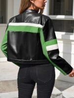 Womens Cropped Moto Biker Jackets Faux Leather Bomber Jacket Color Block