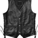 Classic genuine leather motorcycle vest for men featuring a V-neck design, sleeveless cut, and stylish tassel accents. Durable, comfortable, and perfect for riders and casual wear.