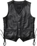 Classic genuine leather motorcycle vest for men featuring a V-neck design, sleeveless cut, and stylish tassel accents. Durable, comfortable, and perfect for riders and casual wear.