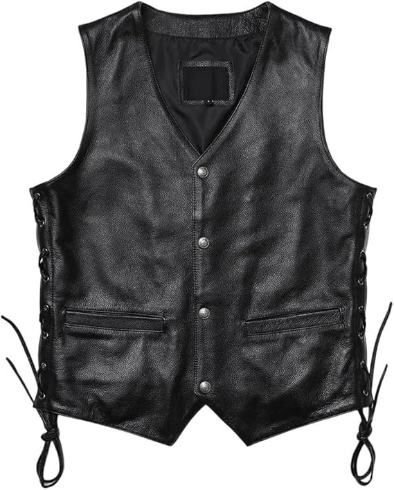 Classic genuine leather motorcycle vest for men featuring a V-neck design, sleeveless cut, and stylish tassel accents. Durable, comfortable, and perfect for riders and casual wear. Classic genuine leather motorcycle vest for men featuring a V-neck design, sleeveless cut, and stylish tassel accents. Durable, comfortable, and perfect for riders and casual wear.