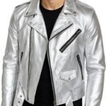 Men's Silver PU Faux Leather Biker Jacket Asymmetric Zip Belted Waist
