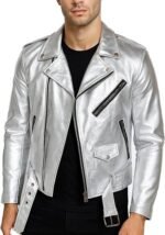 Men's Silver PU Faux Leather Biker Jacket Asymmetric Zip Belted Waist