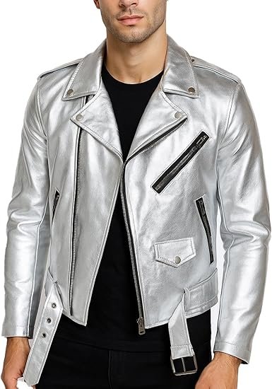 Men's Silver PU Faux Leather Biker Jacket Asymmetric Zip Belted Waist