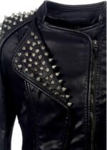 Women’s Black Faux Leather Studded Spike Moto Biker Jacket - Image 3