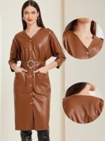Faux Leather Trench Coat for Women's 3/4 Sleeve Button Down V Neck - Image 4