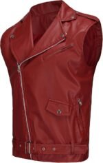 Men's Red Faux Leather Sleeveless Biker Vest with Zipper and Belt - Image 2