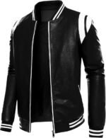 Mens PU Faux Leather Motorcycle Bomber Jacket Stand Collar