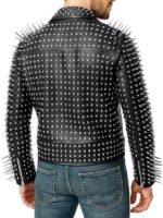 Men's Black Leather Biker Jacket with Full Silver Studs and Long Spike