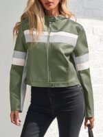  Womens Cropped Moto Biker Jackets Faux Leather Bomber Jacket Color Block - Image 2