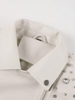 Women's White Faux Leather Biker Jacket with Studded Shoulders - Image 5