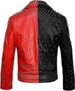 Men's Red and Black Leather Biker Jacket with Silver Studs
