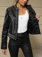 Women's Faux Leather Jacket Studded Rivet Casual Short Moto Biker Stand Collar Coat - Image 3