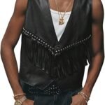 Men's Western Fringe Faux Leather Vest with Stud Accents