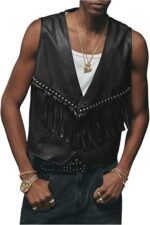 Men's Western Fringe Faux Leather Vest with Stud Accents