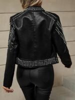 Women's Faux Leather Jacket Studded Rivet Casual Short Moto Biker Stand Collar Coat - Image 5