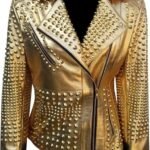 Women’s Gold Faux Leather Studded Moto Biker Jacket Edgy Punk Rock Style with Spikes