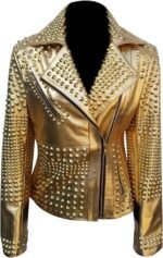 Women’s Gold Faux Leather Studded Moto Biker Jacket Edgy Punk Rock Style with Spikes