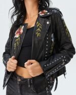 Women's Black Faux Leather Biker Jacket with Floral Embroidery and Studded Detailing - Image 5