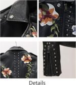 Women's Black Faux Leather Biker Jacket with Floral Embroidery and Studded Detailing - Image 3